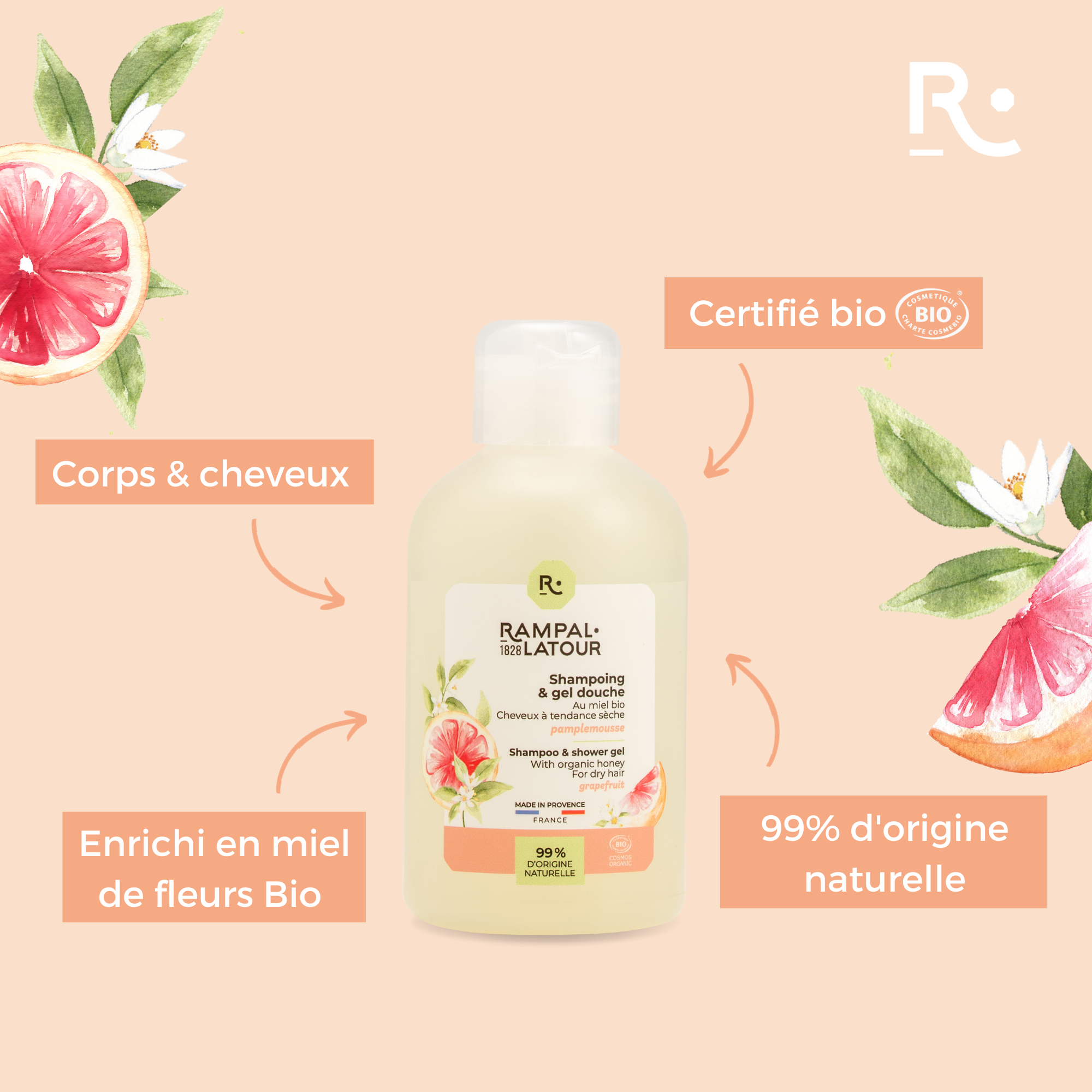 Shower shampoo certified organic Grapefruit 250ml - Cosmos Organic