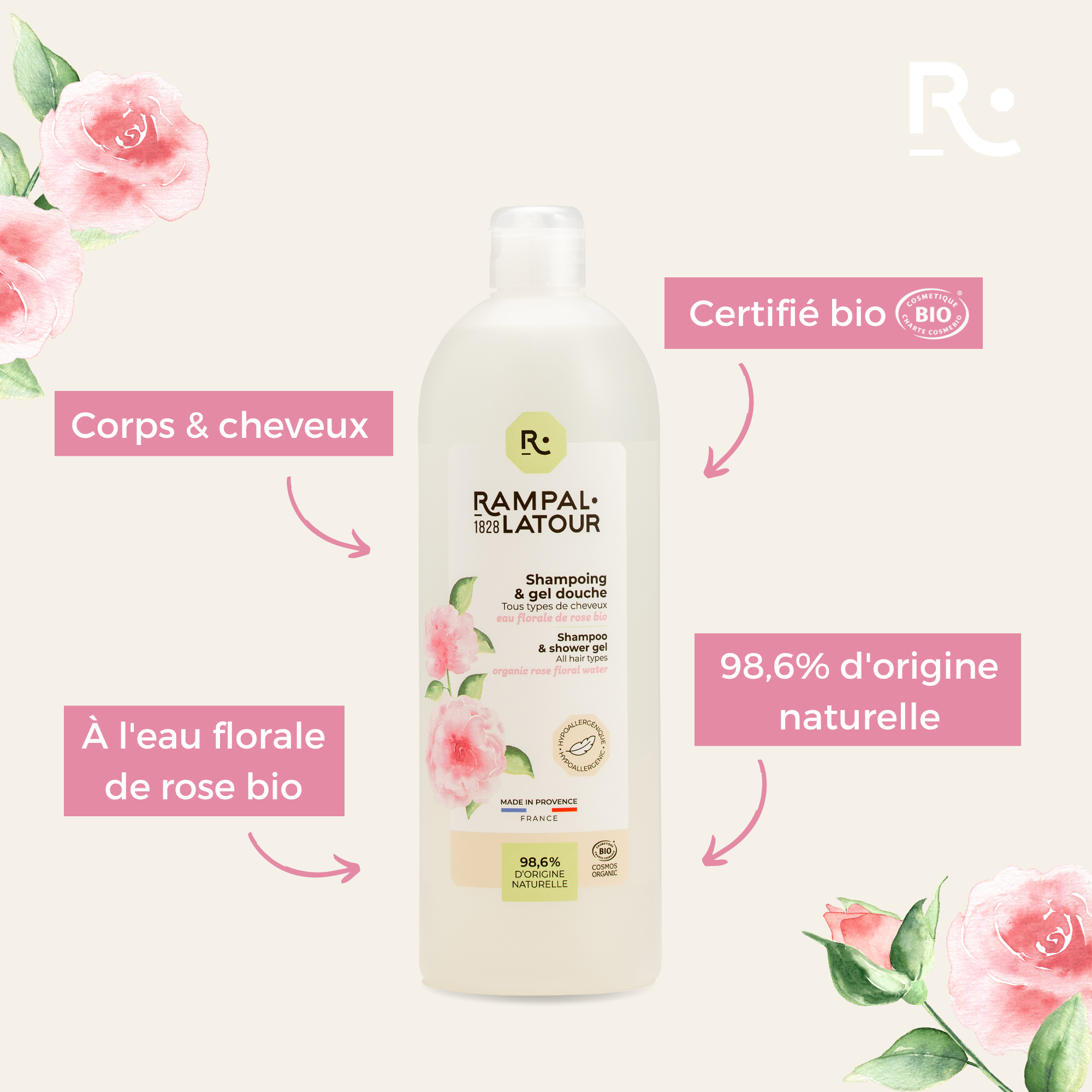 Shower shampoo certified organic Rose de Damas 1L - Cosmos Organic