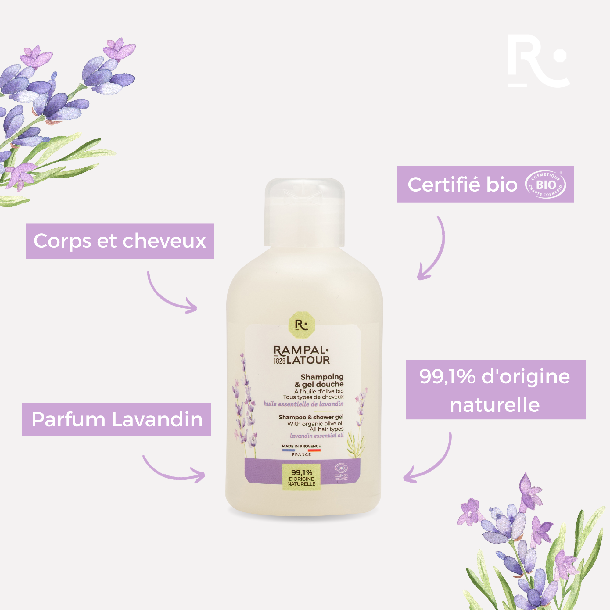 Shower shampoo certified organic Lavandin 250ml - Cosmos Organic