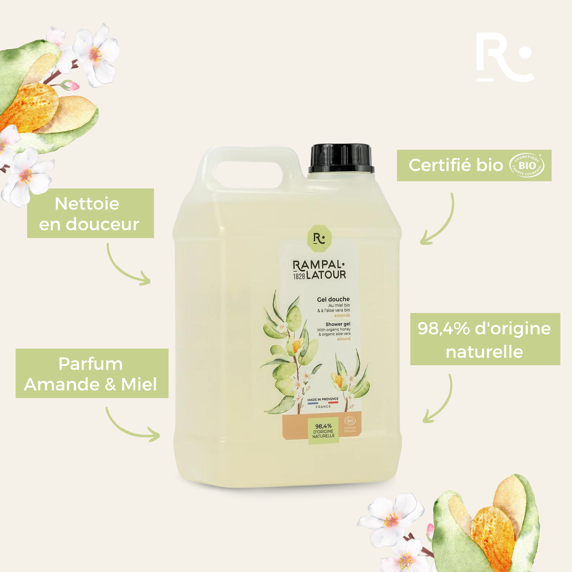 Shower gel certified organic Almond 3L - Cosmos Organic