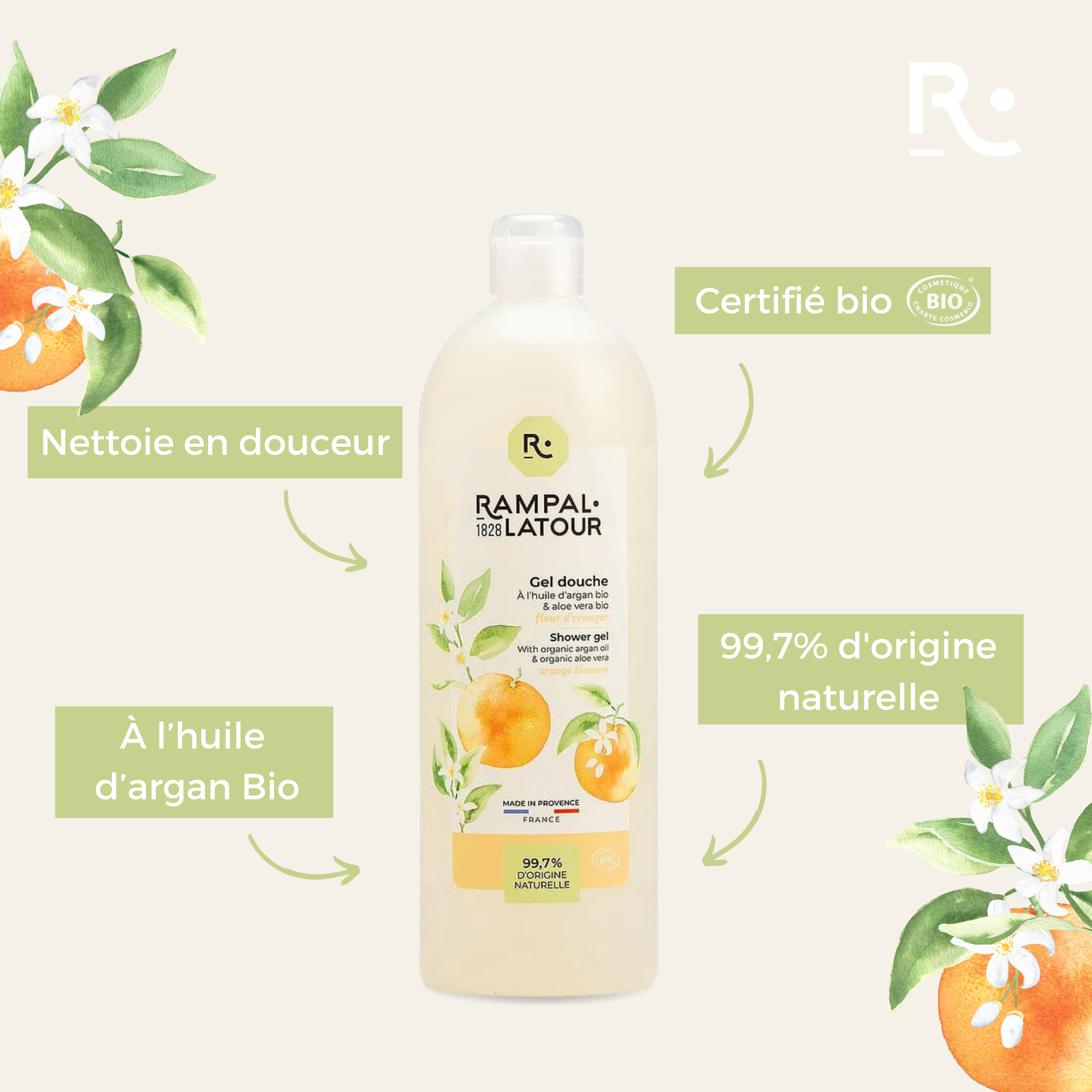 Shower gel certified organic Orange Blossom 1L - Ecocert Organic Cosmetics