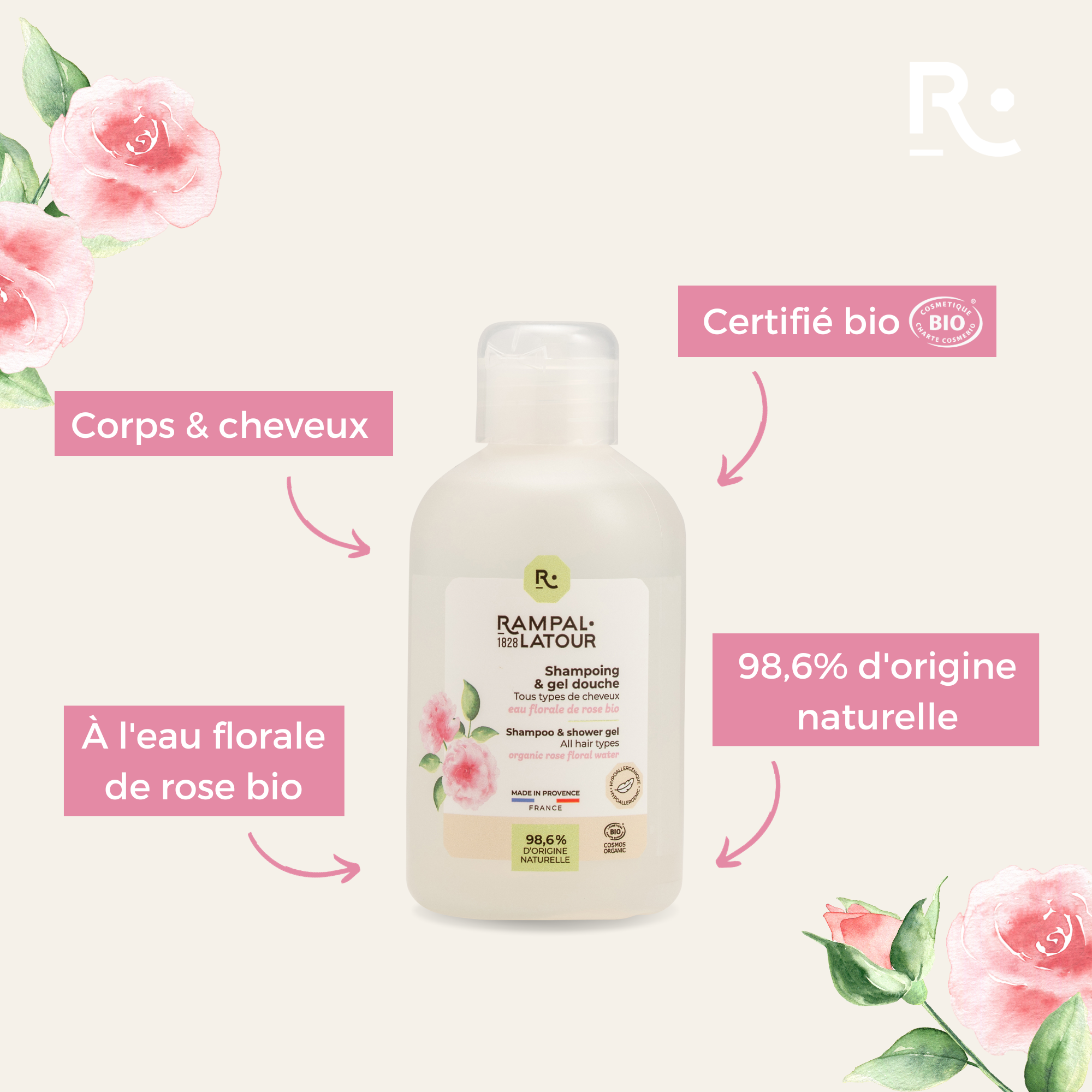Shower shampoo certified organic Rose de Damas 250ml - Cosmos Organic