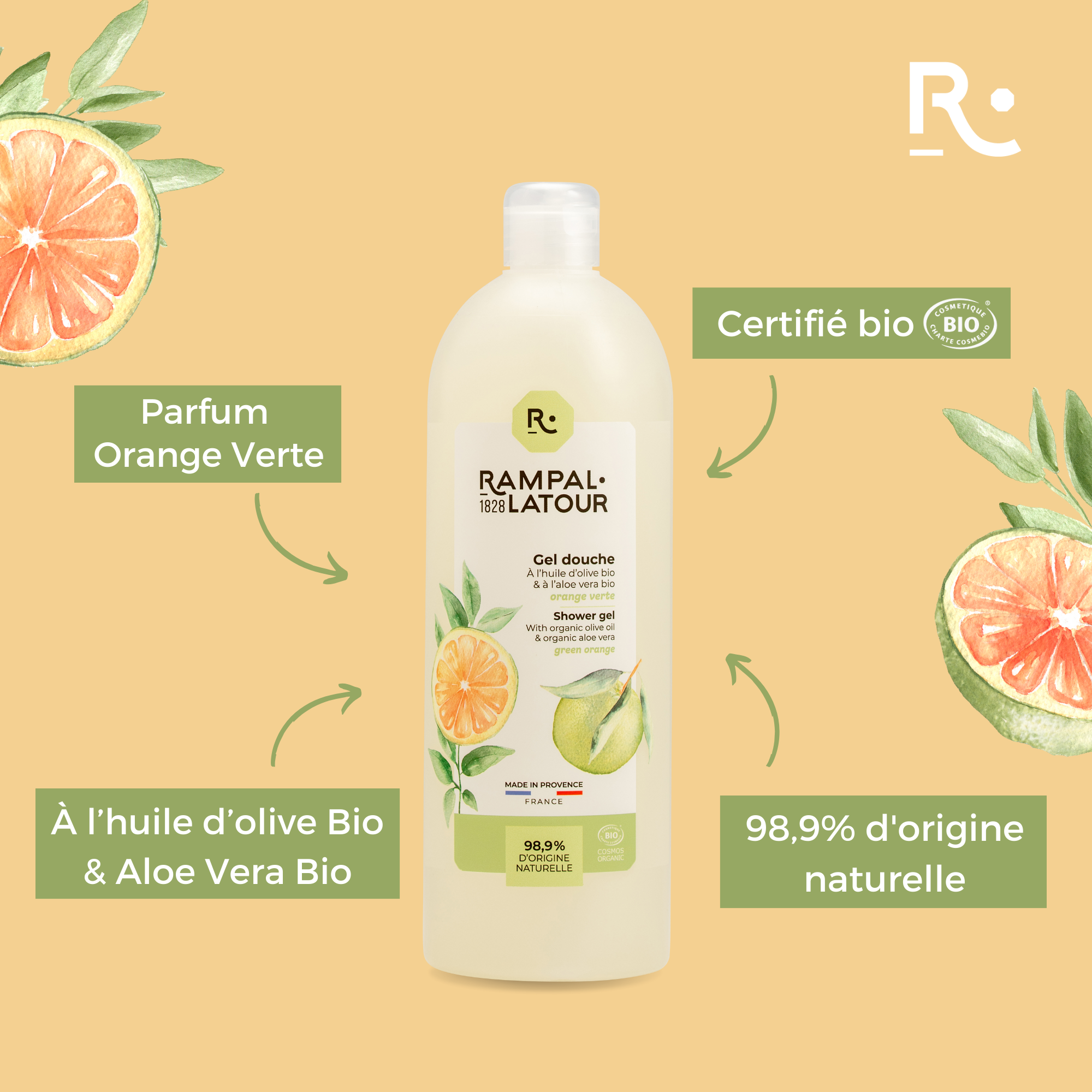 Shower gel certified organic Green Orange 1L - Cosmos Organic