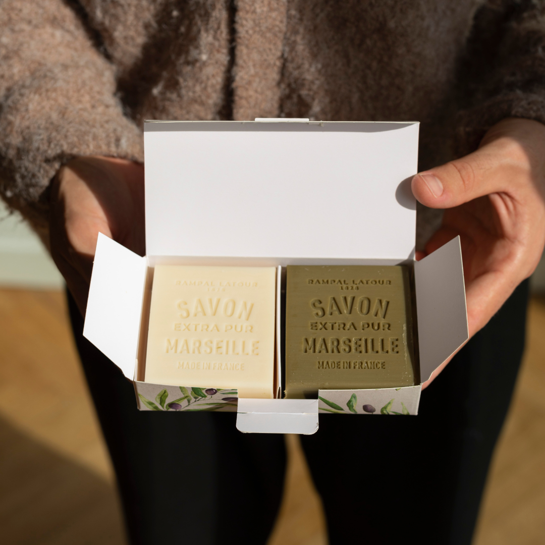 Coffret duo savons de Marseille blanc et vert 150g