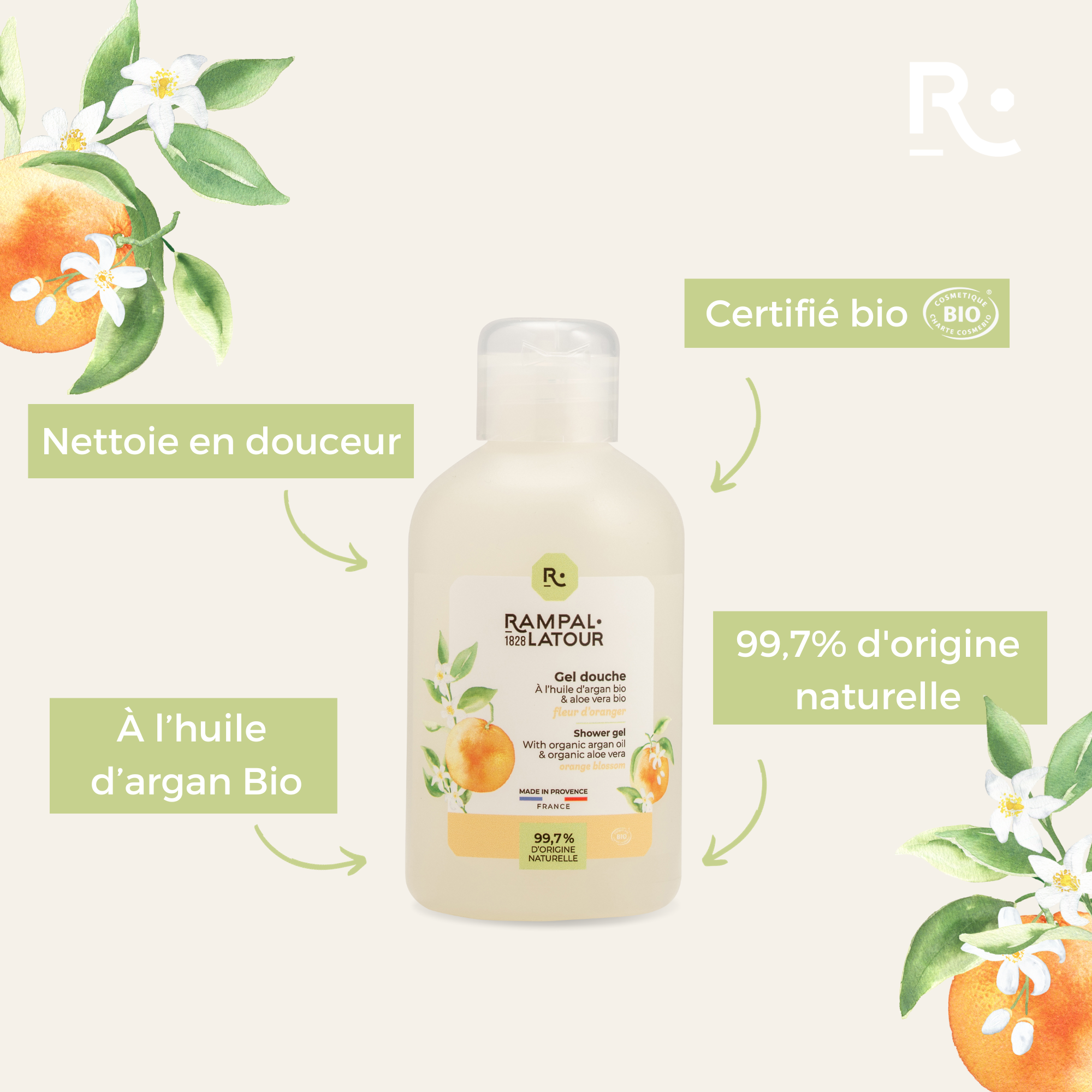 Shower gel certified organic Orange Blossom 250ml - Ecocert Organic Cosmetics